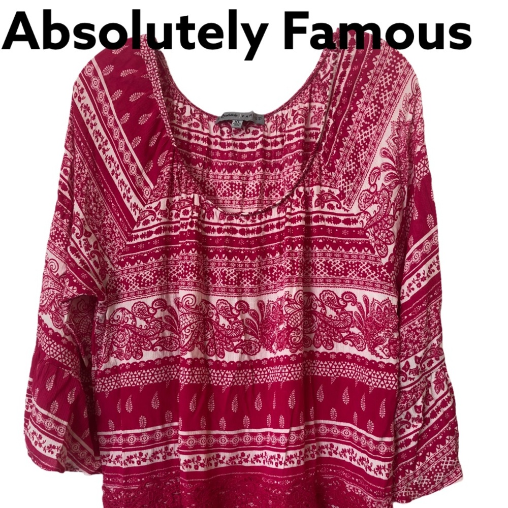 Absolutely Famous Paisley Pink Boho Bell Sleeve Top XL NWT